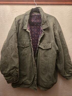 Vintage Style Olive Utility Jacket Pattern Lined Oversized Military Shacket
